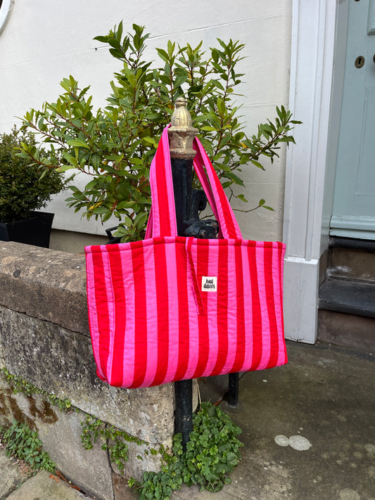 Pink & Red Stripe Oversized Quilted Tote Bag | Limited Edition
