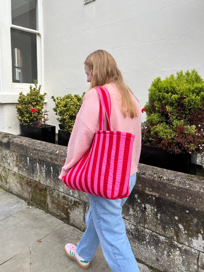 Pink & Red Stripe Oversized Quilted Tote Bag | Limited Edition