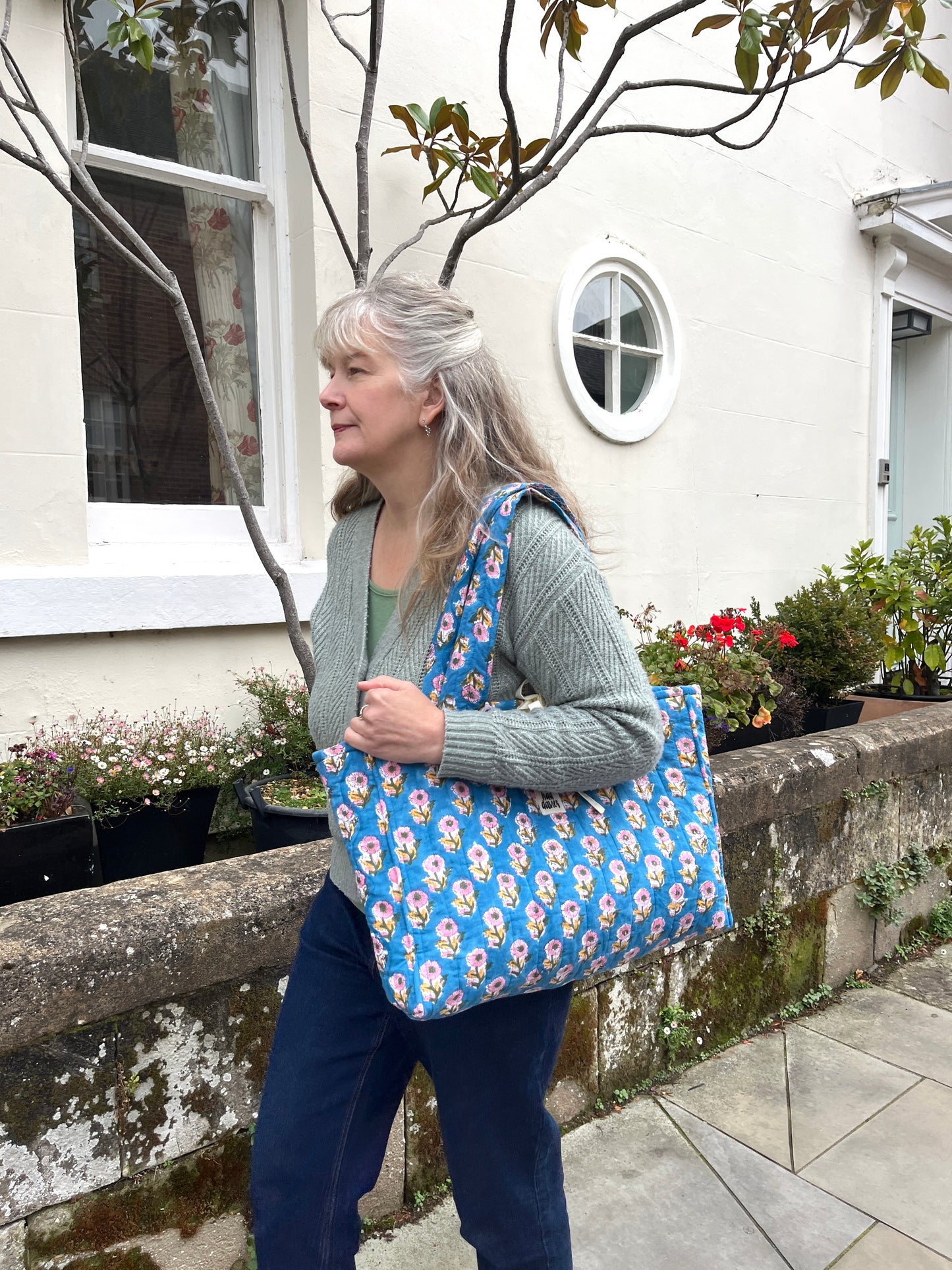 Blue Block Print Oversized Quilted Tote Bag | Limited Edition