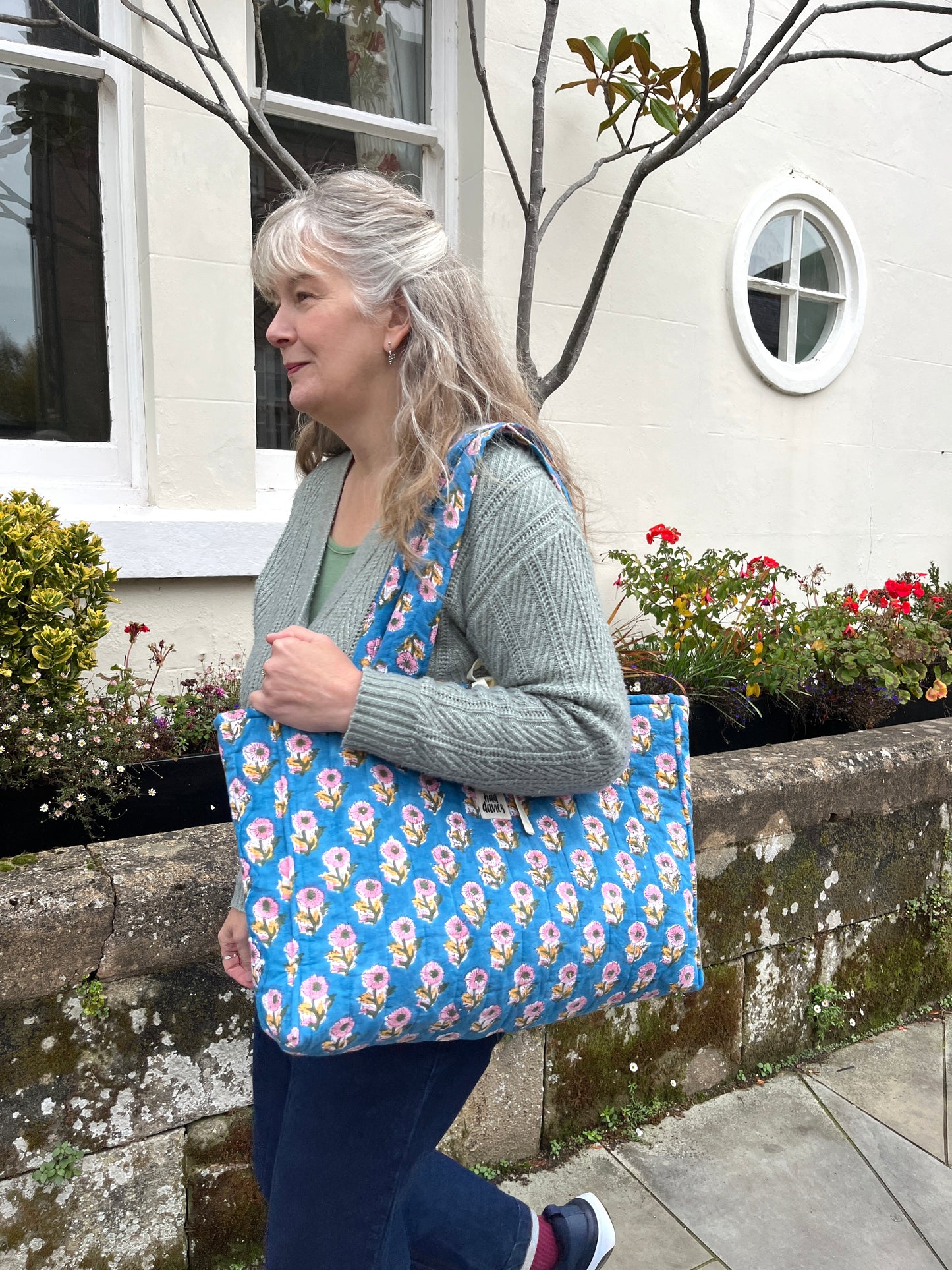 Blue Block Print Oversized Quilted Tote Bag | Limited Edition