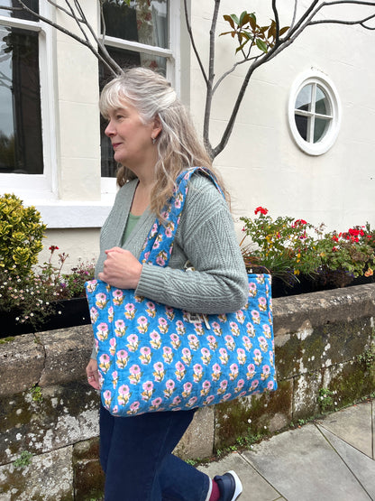 Blue Block Print Oversized Quilted Tote Bag | Limited Edition