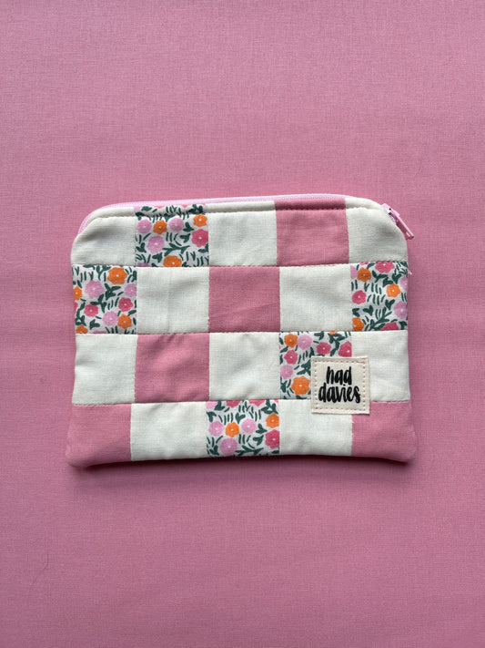 Floral, Pink & Cream Checkerboard Patchwork Coin Purse | Limited Edition