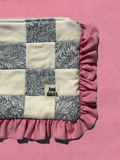 Cream & Floral Checkerboard Ruffle Trim Pouch