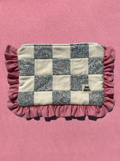 Cream & Floral Checkerboard Ruffle Trim Pouch