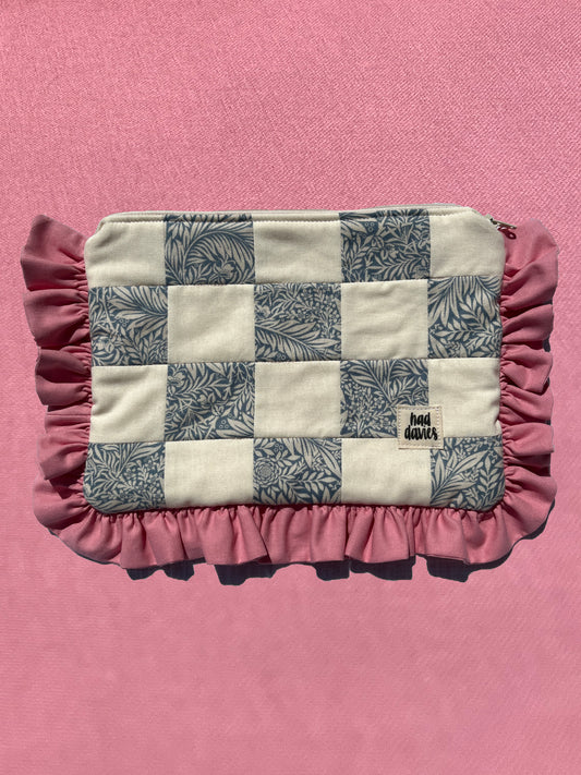 Cream & Floral Checkerboard Ruffle Trim Pouch